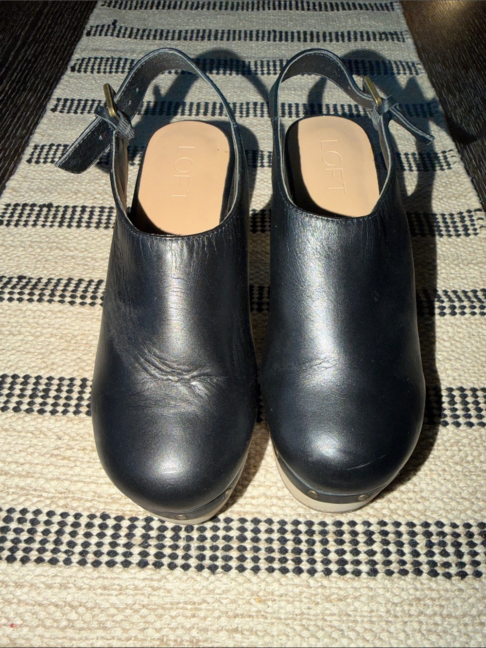LOFT Black Leather Slingback Clogs with Studded Wooden Sole